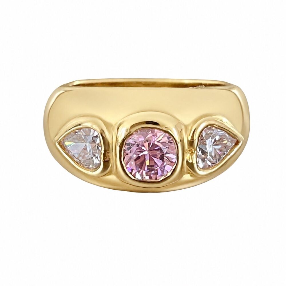 Vintage 1970s Ring Size 5 Pink CZ Heart Three Stone 14KT Gold Plate - 14F